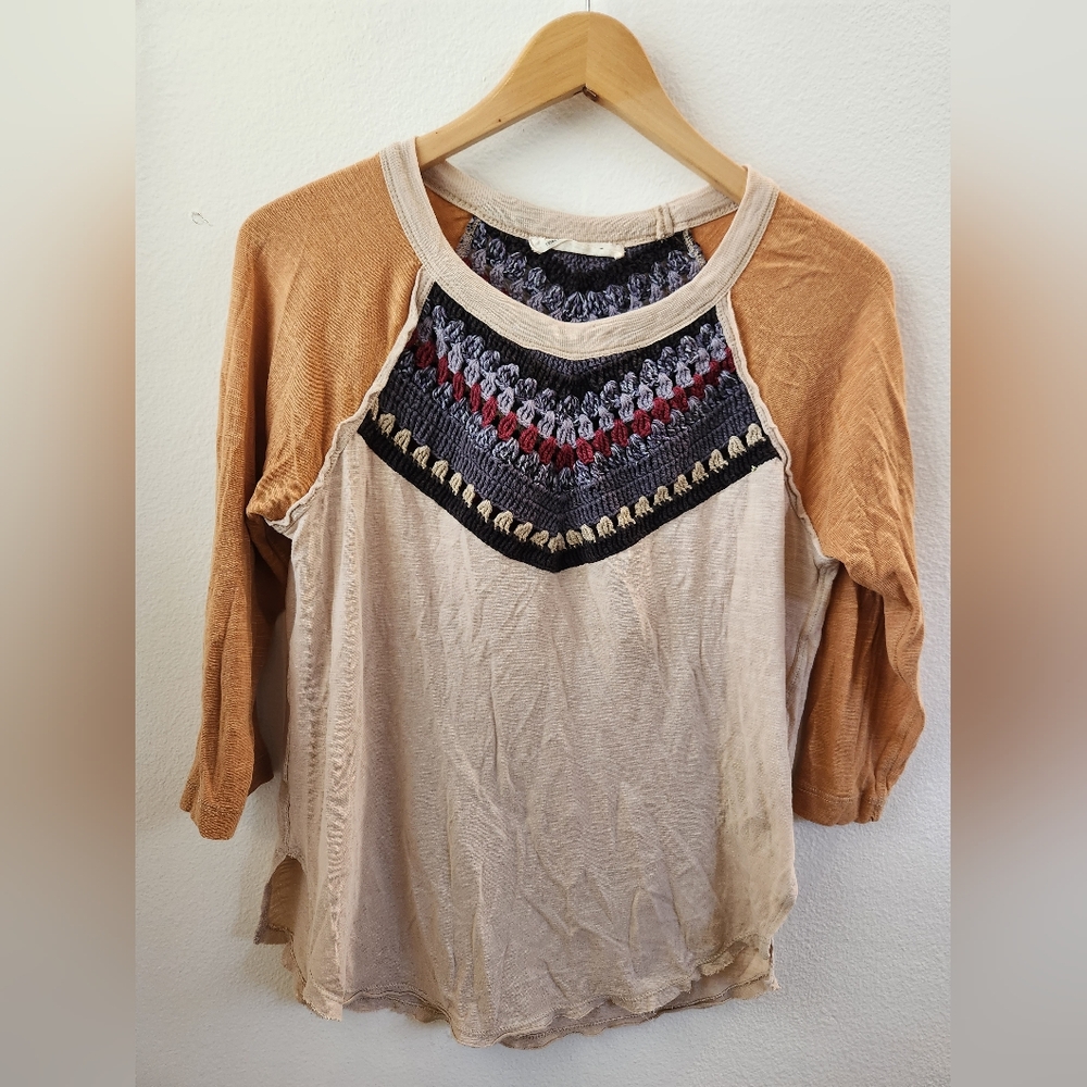 We The Free Free People Spring‎ Bound Crochet Top 3/4 Raglan Sleeve Top XS